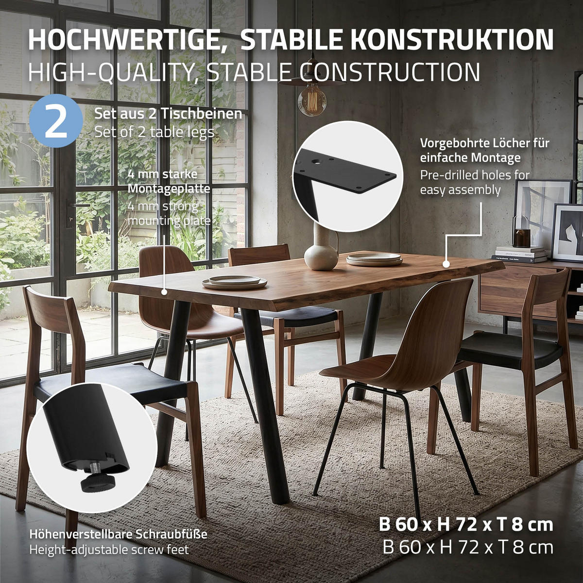 TISCHBEINE Metall Schwarz 2er Set 60x72 cm Oval Tischgestell aus Stahl A-Form - Schwarz, Metall (60/72/8cm) - ML-DESIGN