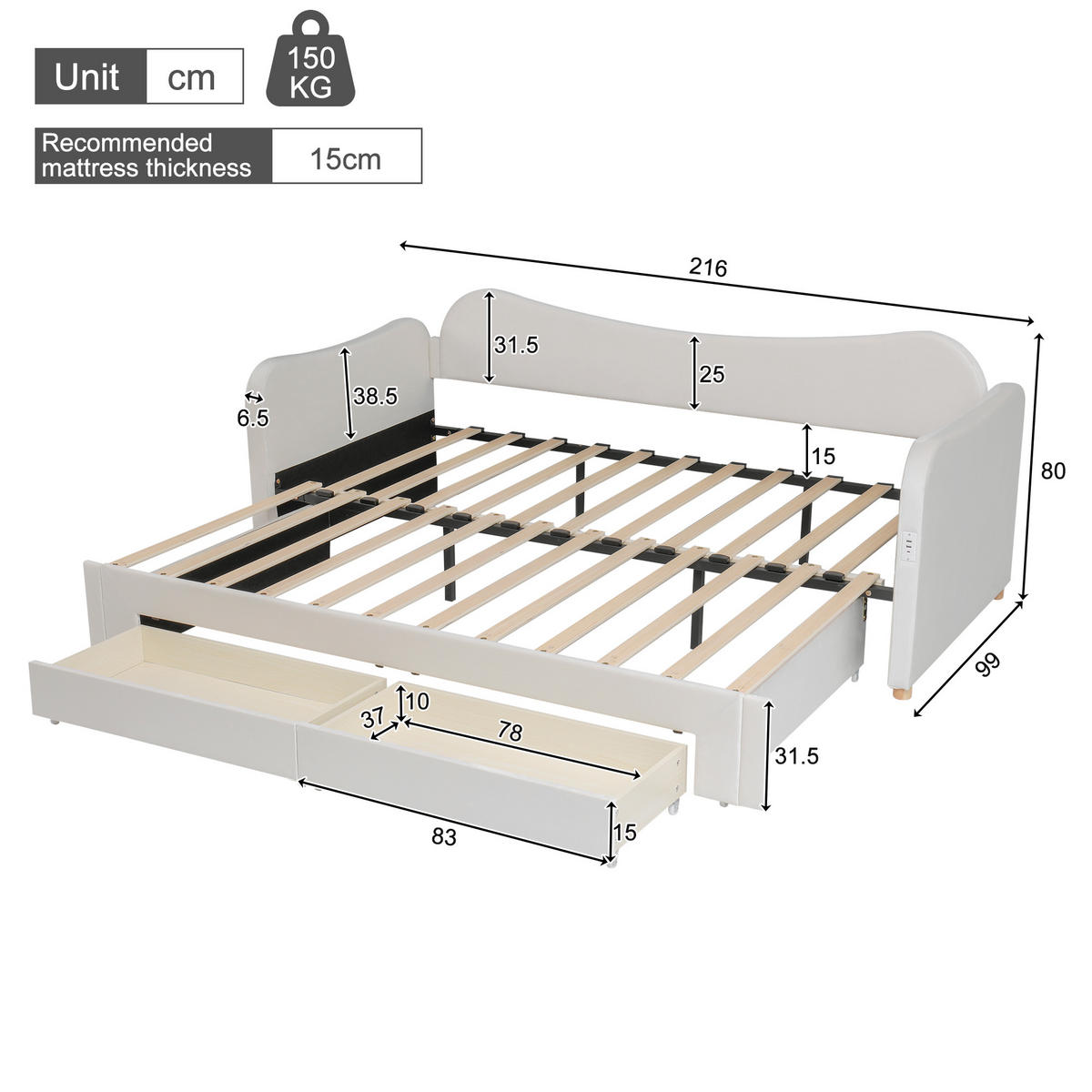 POLSTERBETT aus Samt 90x200 cm in Beige mit Ausziehfunktion & USB/Typ-C - Beige, Textil (90/200cm) - Modfu