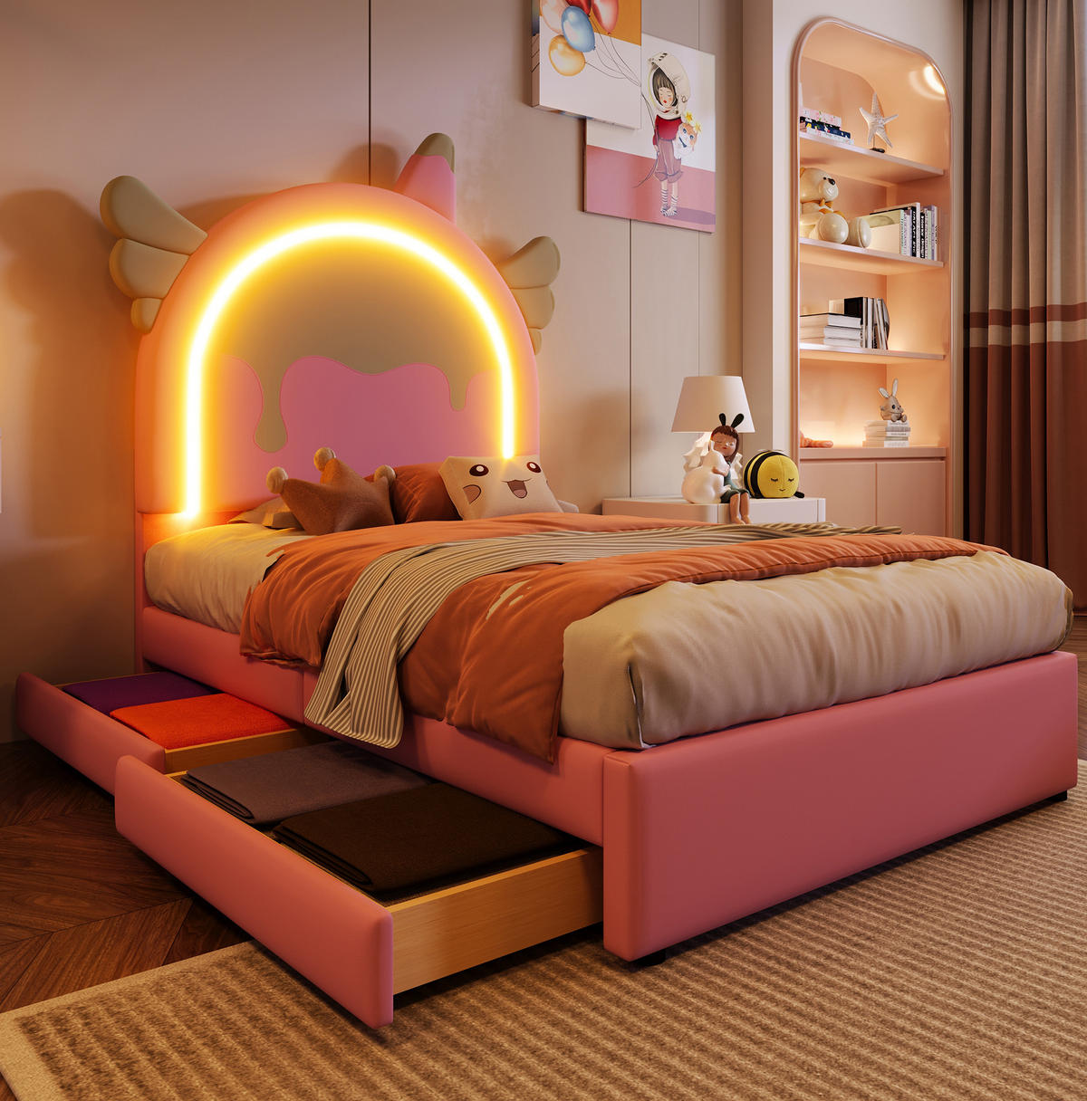KINDERBETT aus PU und MDF 90x200 cm Rosa in Einhornform mit Leuchtleiste und 2 Schubladen - Rosa, Kunststoff (90/200cm) - IVMEU