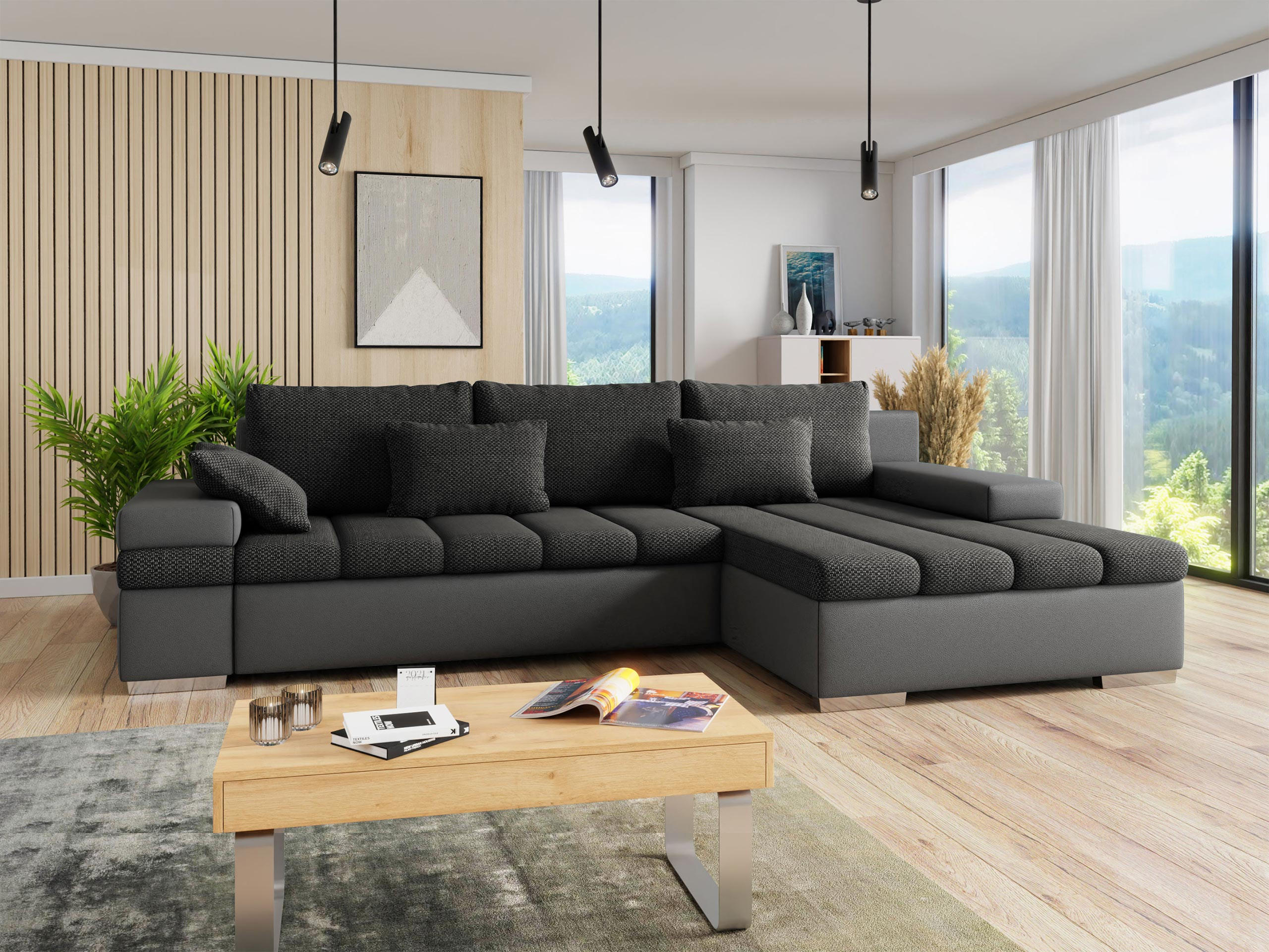 ECKSOFA Bangkok, Seite: Rechts - Dunkelgrau/Silberfarben, Holz/Textil (310/175cm) - MIRJAN24