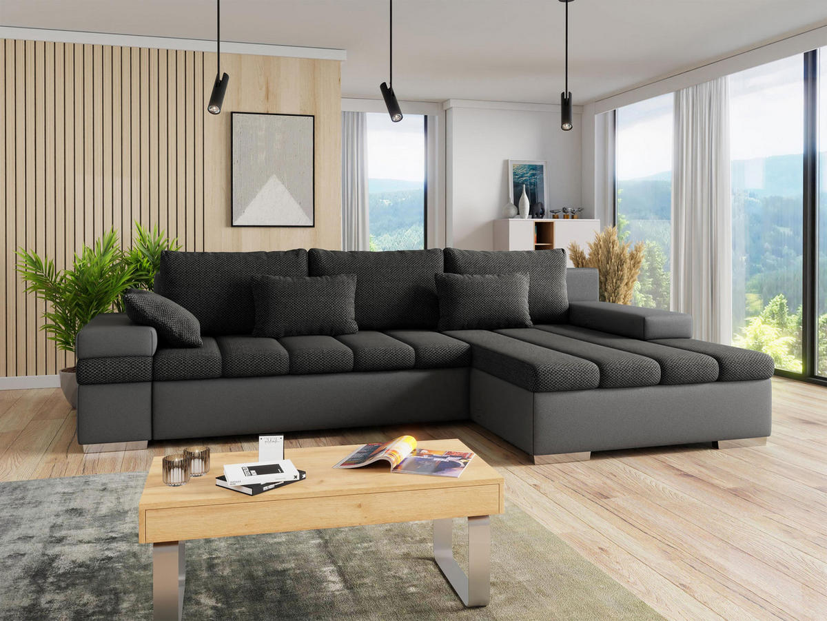 ECKSOFA Bangkok, Seite: Rechts - Dunkelgrau/Silberfarben, Holz/Textil (310/175cm) - MIRJAN24