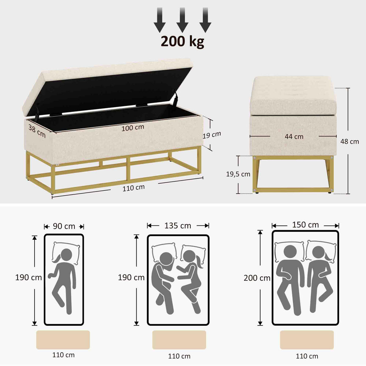 TRUHENBANK DE-16372 gepolstert mit Knopfheftung und Gold-Stahlbeinen Beige/Gold - Beige, Textil (110/48/44cm) - ComfortXL