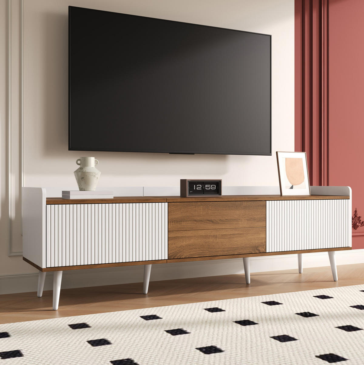 LOWBOARD 160/39/49.5 cm Natur/Weiß aus MDF und Spanplatte mit 3 Türen - Weiß, Holzwerkstoff (39/49.5/160cm) - OKMYHOME