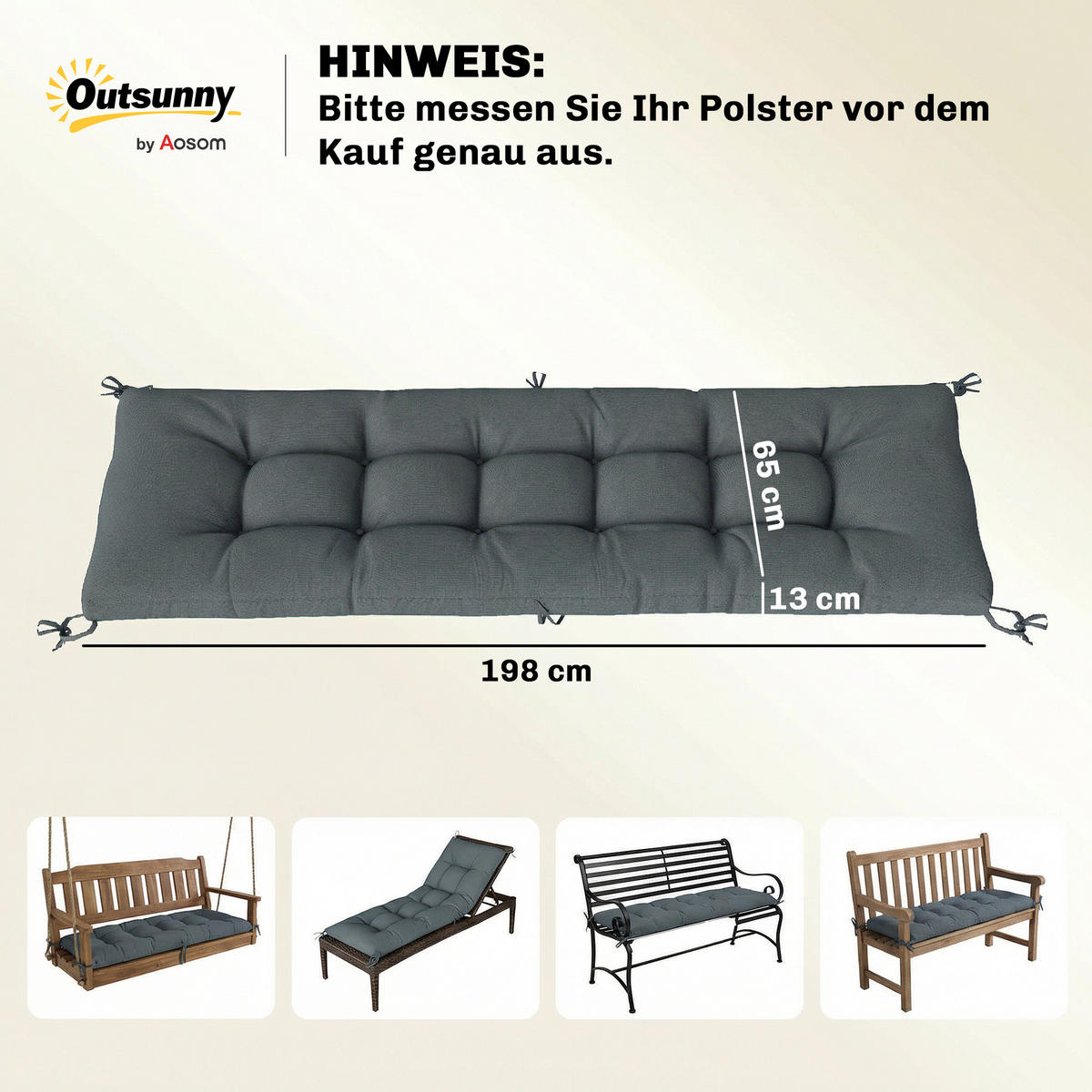 SEDACÍ POLŠTÁŘ z polyesteru a PP bavlny, tmavě šedý - tmavě šedá, textil (65/13/198cm) - Outsunny
