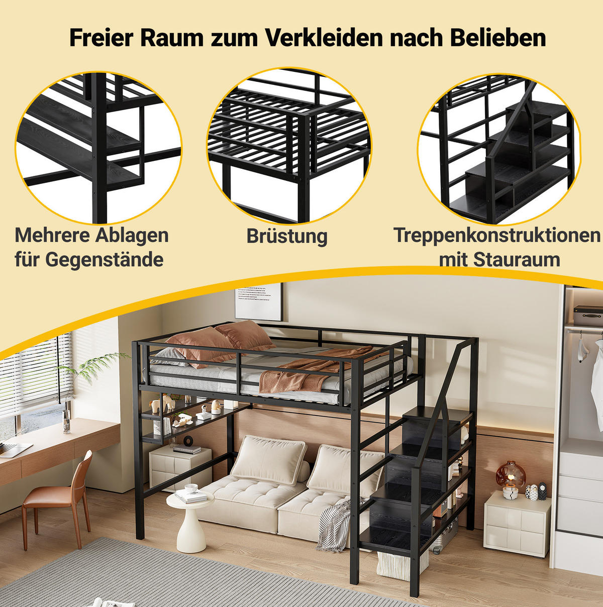 HOCHBETT 140/200 cm in Schwarz – mit Stauraumleiter und Regalfächern - Schwarz, Metall (140/200cm) - BEAOK