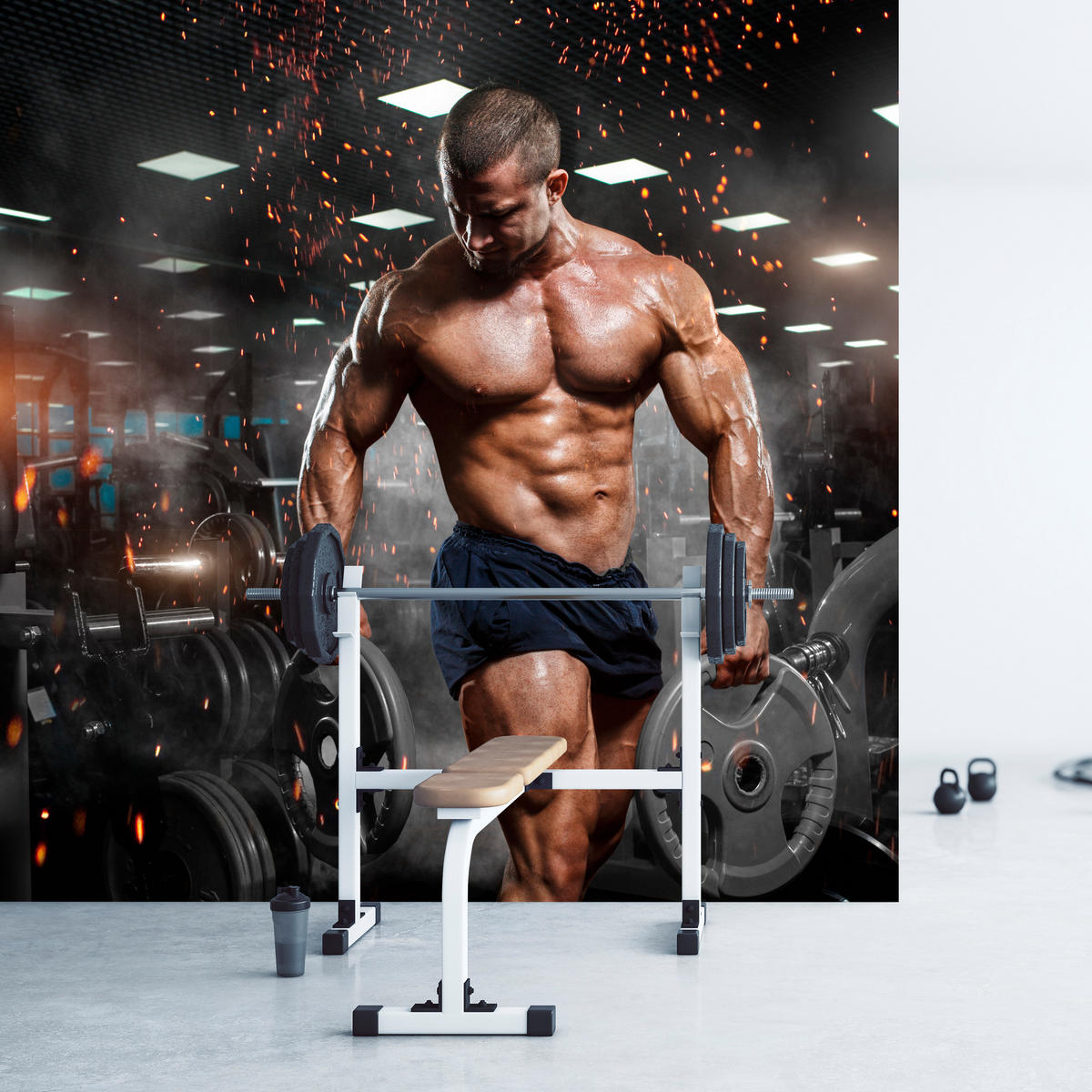 FOTOTAPETE Muskulöser Mann Gym Fitnessstudio Sport 150x105 - Beige/Schwarz, Papier (150/105cm) - Muralo