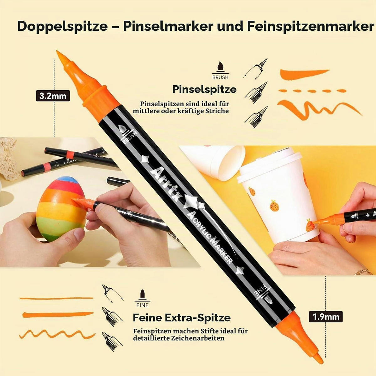 ACRYLSTIFTE 64er Set mit Pinsel- und Feinspitze wasserfest - Multicolor, Kunststoff (12/10/15cm)