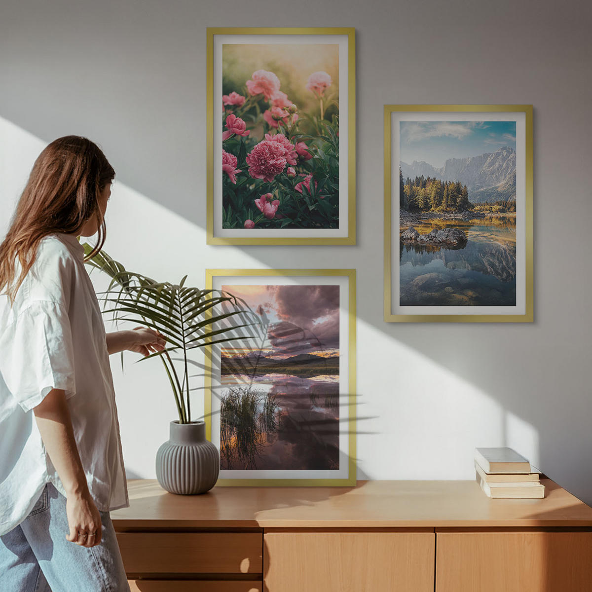 BILDER SET 3er Set - 40x60 cm Goldrahmen - Blumengarten Berge Wasser - Goldfarben, Kunststoff (40/60cm) - TULUP