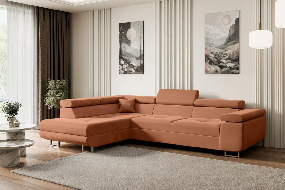 ECKSOFA mit Schlaffunktion und Bettkasten GUSA-L 272x202x107 cm Koralle Velours - Koralle/Silberfarben, Holzwerkstoff/Textil (202/272cm) - ALTDECOR