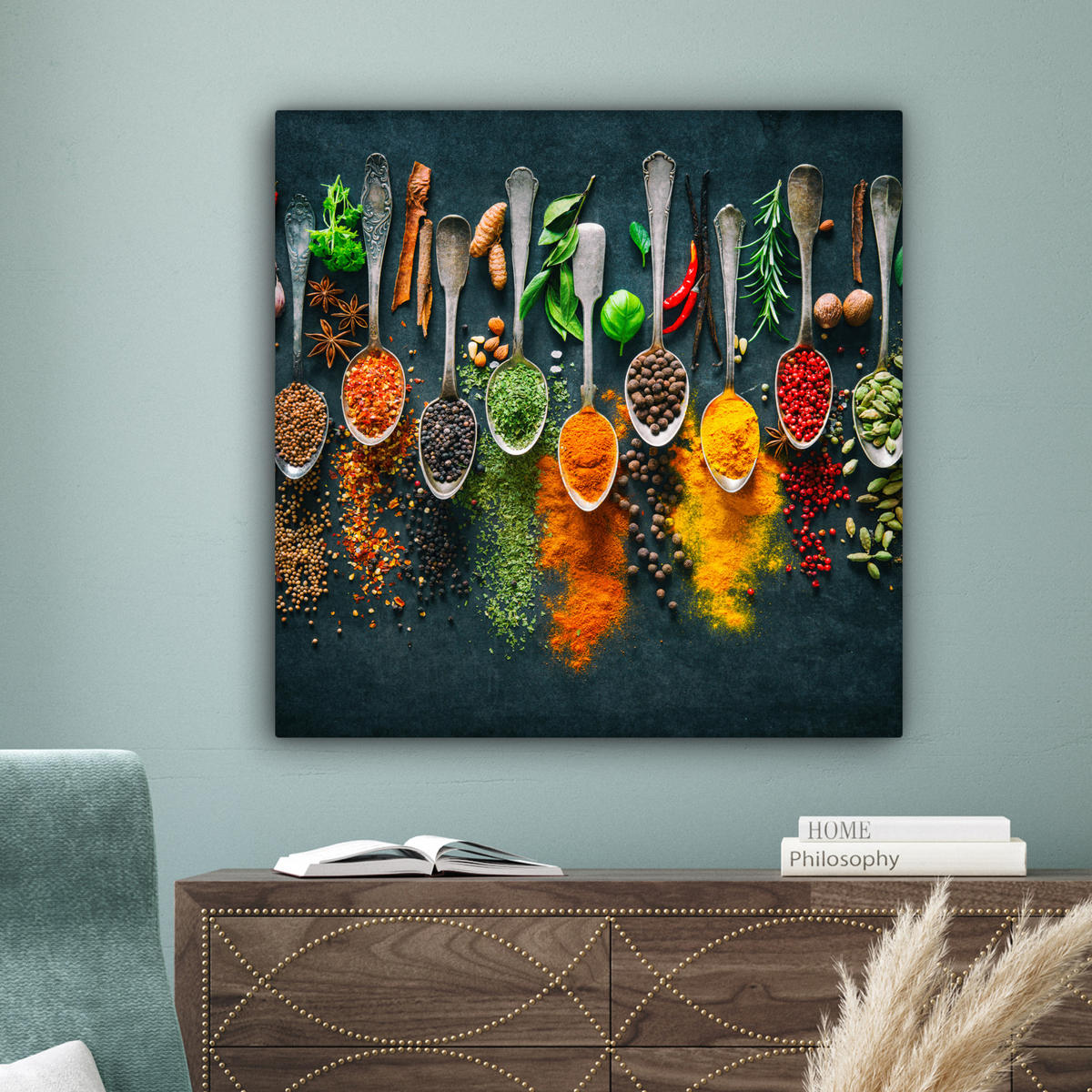 LEINWANDBILD Kräuter - Gewürze - Löffel Deko Groß 90x90 cm - Currygelb, Textil (90/90cm) - MuchoWow