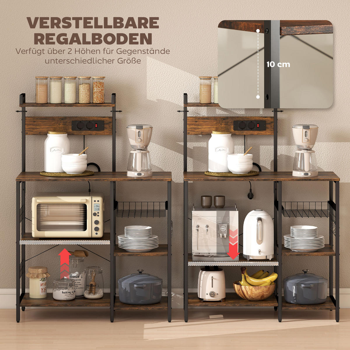 KÜCHENREGAL Standregal mit 2 Steckdosen 5 S-Haken 5 Ablagen Bäckerregal - Braun, Holzwerkstoff (42/130/90cm) - HOMCOM