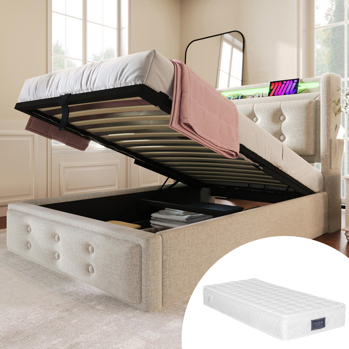 POLSTERBETT 90/200 cm mit LED-Beleuchtung, Steckdose, USB-C und Bettkasten,und Matratze, Beige - Beige, Textil (90/200cm) - Redom