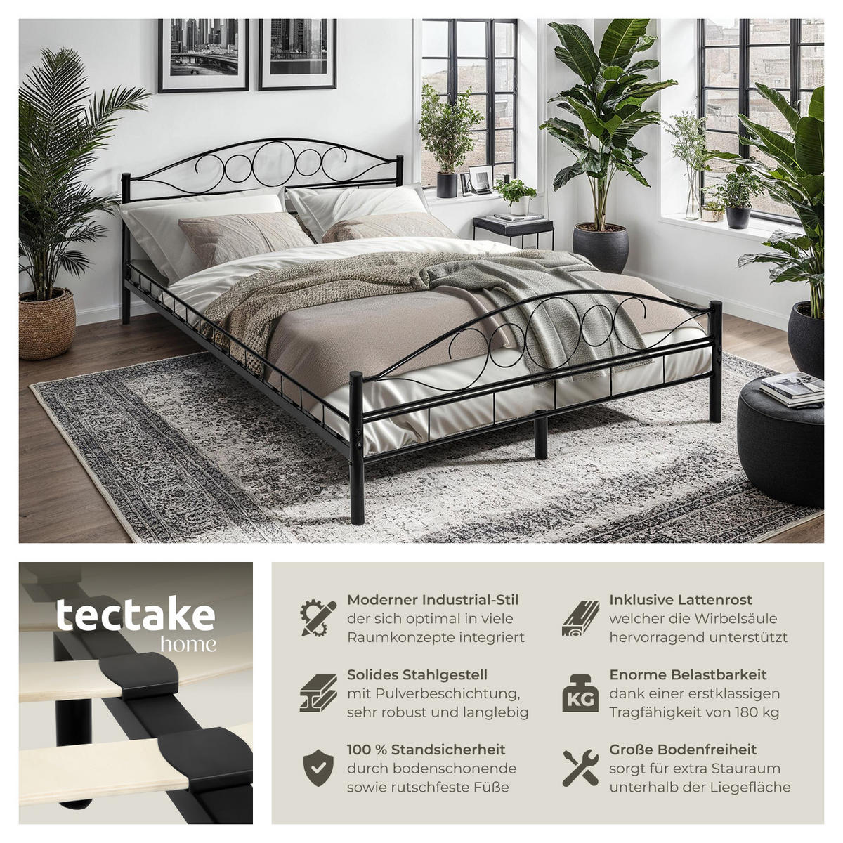 METALLBETT Sonno,140 x 200 cm,schwarz/schwarz - Schwarz, Metall - tectake