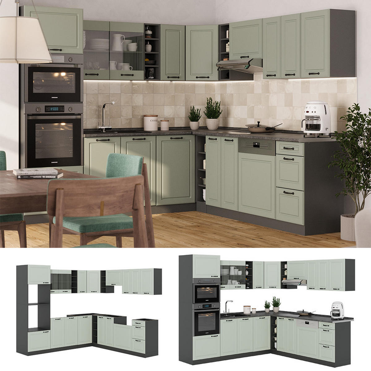 ECKKÜCHE R-Line, Mint Landhaus/Anthrazit, 247 x 237 cm - Anthrazit/Grün, Holzwerkstoff (247/206.8/60cm) - Vicco