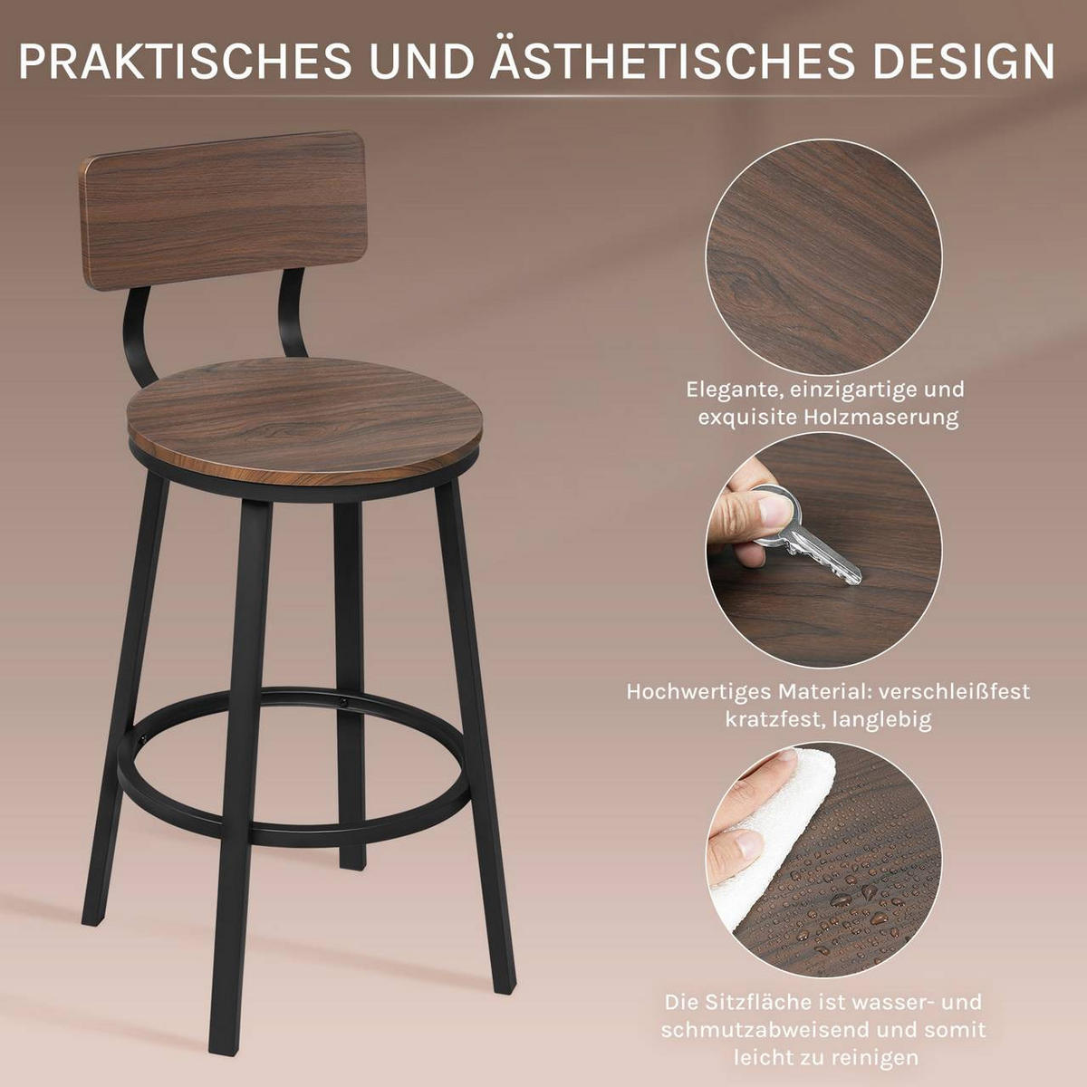 BARHOCKER 6er Set, Metallgestel, Dunkle Holzoptik - Nussbaumfarben/Schwarz, Holzwerkstoff/Metall (51.5/89/51.5cm) - Woltu