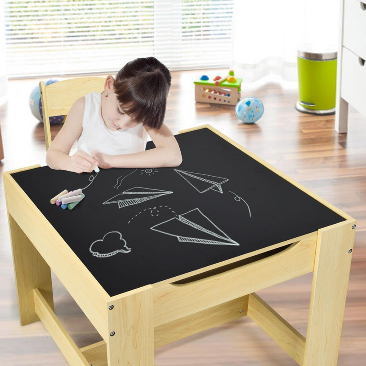 KINDERSITZ‑SET mit Stuhl natur(3-tlg) - Naturfarben, Holzwerkstoff (62/48/62cm) - COSTWAY