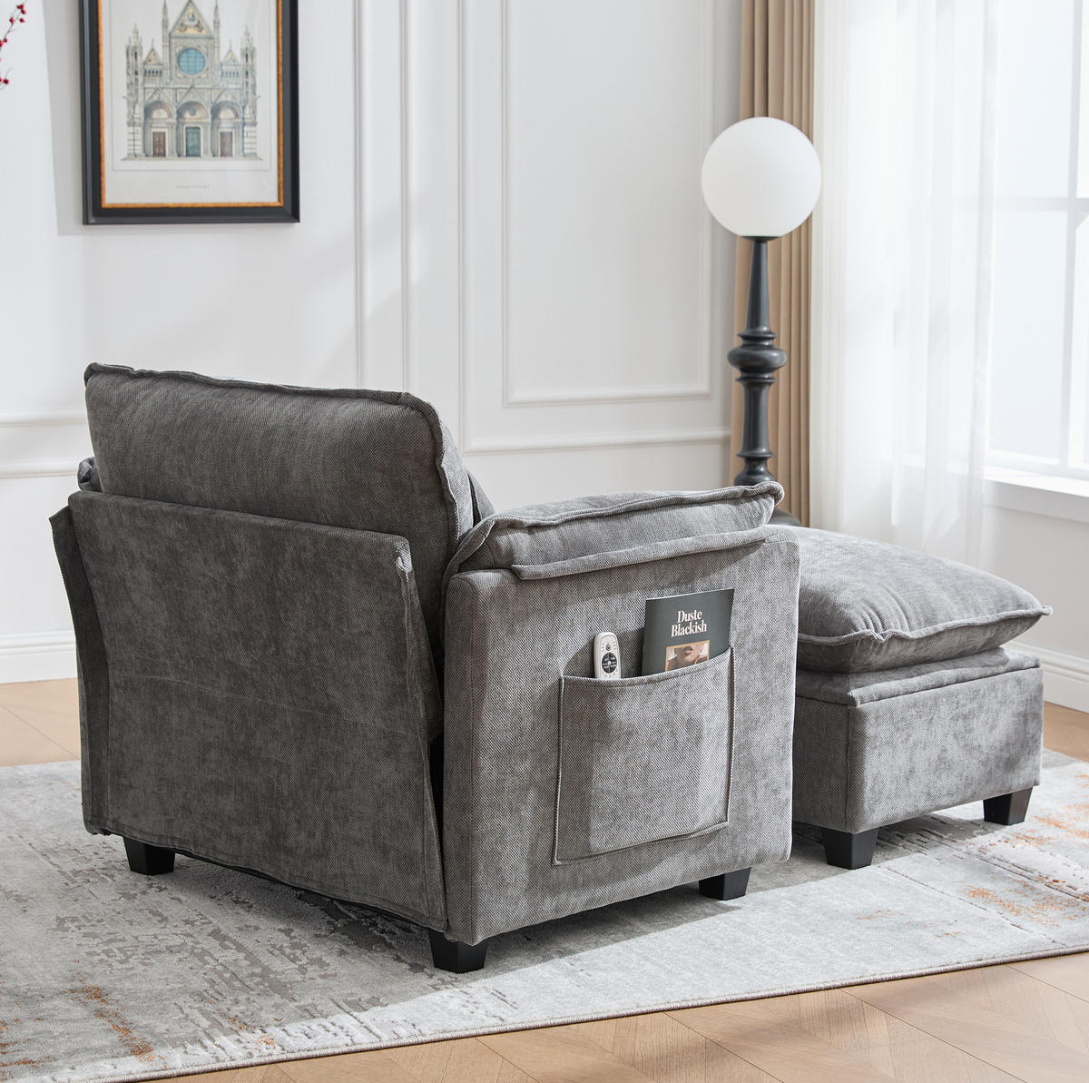 SESSEL 103/85/91 cm in Grau aus Chenille mit Fußhocker und Stauraum - Grau, Textil (103/91/85cm) - BEAOK