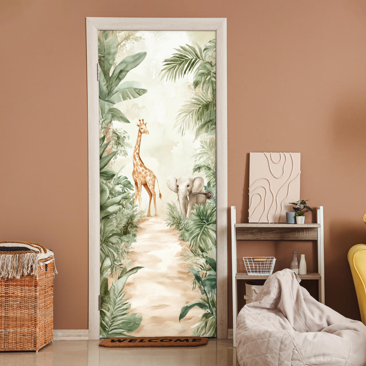 NÁLEPKA NA DVERE Džungľa - Žirafa - Slon - Zelená - Príroda 95x235 cm - farba eukalyptového dreva, plast (95/0.1cm) - MuchoWow