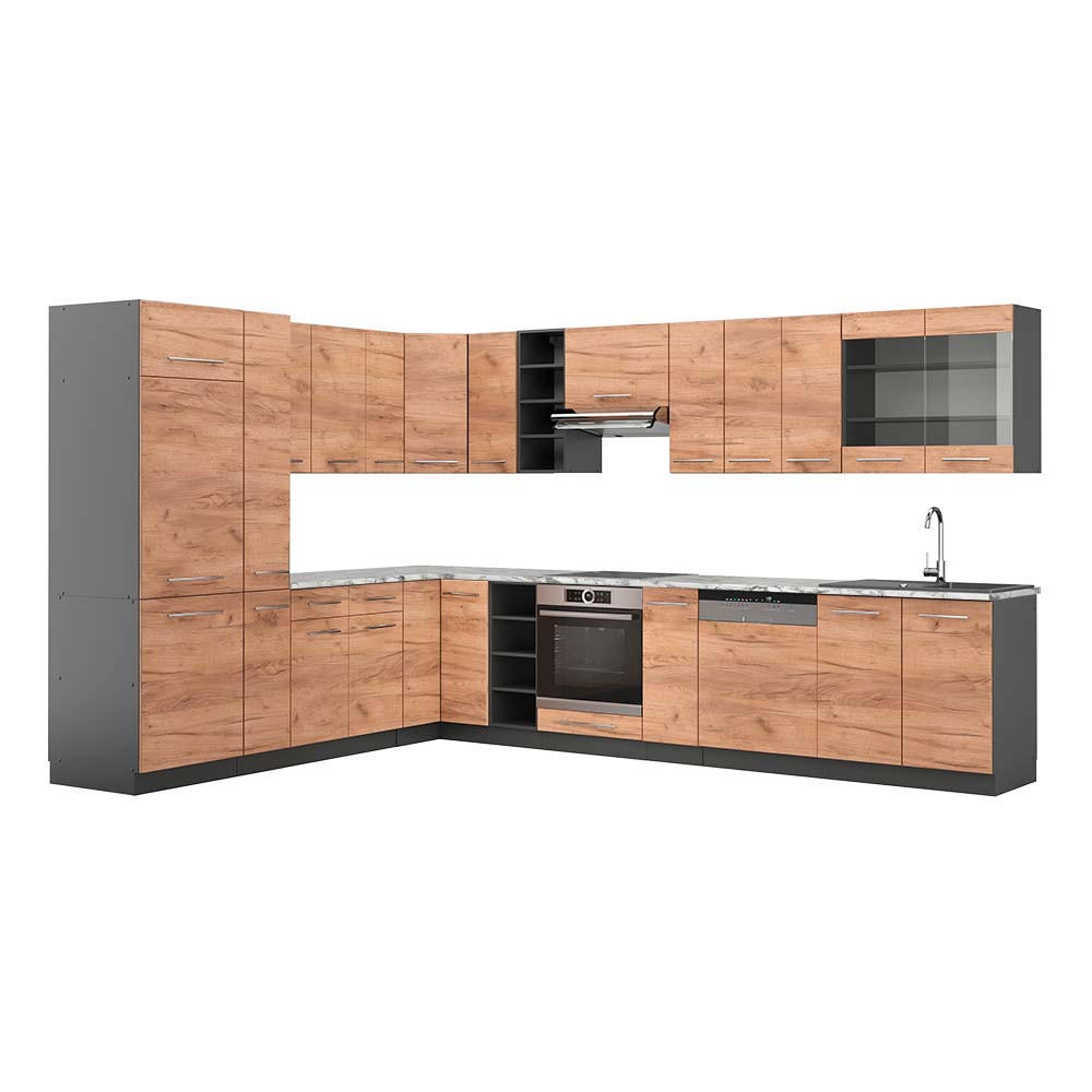 ECKKÜCHE Fame-Line Goldkraft Eiche/Anthrazit 347 x 257 cm, AP Marmor - Anthrazit/Eiche Wotan, Holzwerkstoff (347/81.6/60cm) - Vicco