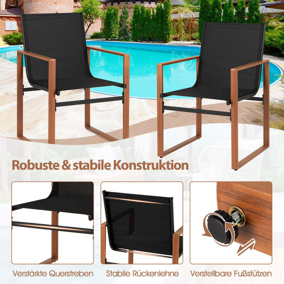 TERRASSENSTUHL Schwarz(2er-Set) - Schwarz, Metall (55.5/86/59cm) - COSTWAY