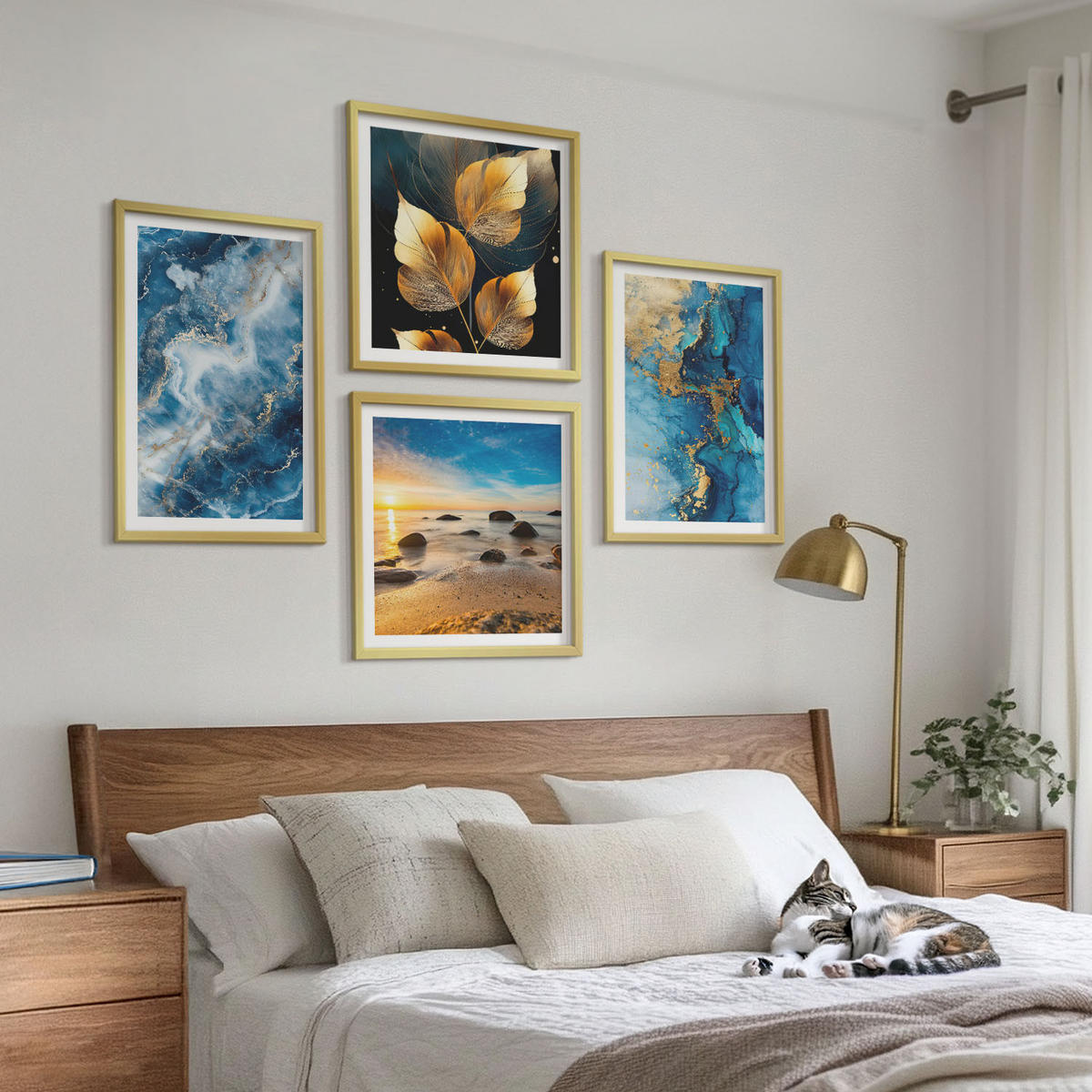 WANDBILDER 4er Set - 50x50 cm & 40x60 cm Goldrahmen - Bilder mit blau-goldenen Mustern - Goldfarben, Kunststoff (50/50cm) - ArtPrintCave