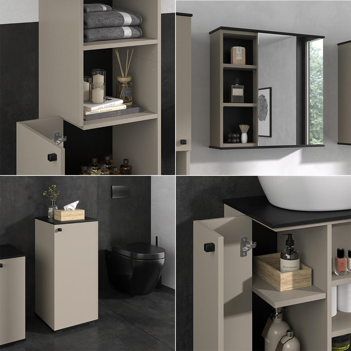 BADMÖBEL-SET Joli Greige 4 Teile, mit Hochschrank und Midischrank - Greige/Schwarz, Holzwerkstoff (60/59/37cm) - Vicco