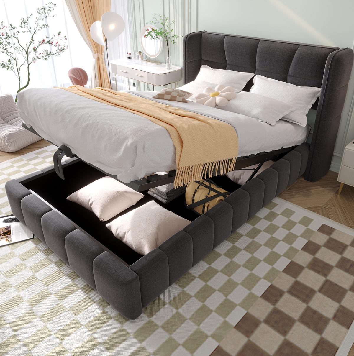 POLSTERBETT 90/200 cm Grau aus Stoff mit Stauraum - Grau, Textil (90/200cm) - OKMYHOME