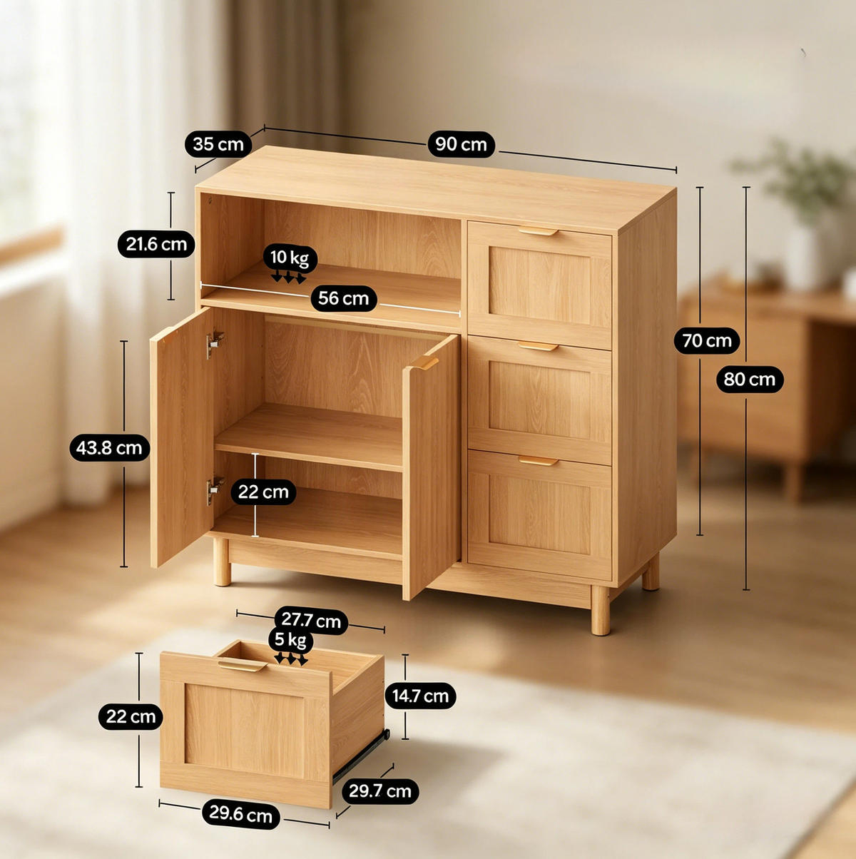 SIDEBOARD aus MDF und Spanplatte 90x35x80 cm in Holzoptik mit 3 Schubladen - Eichefarben, Holzwerkstoff (90/80/35cm) - IVMEU