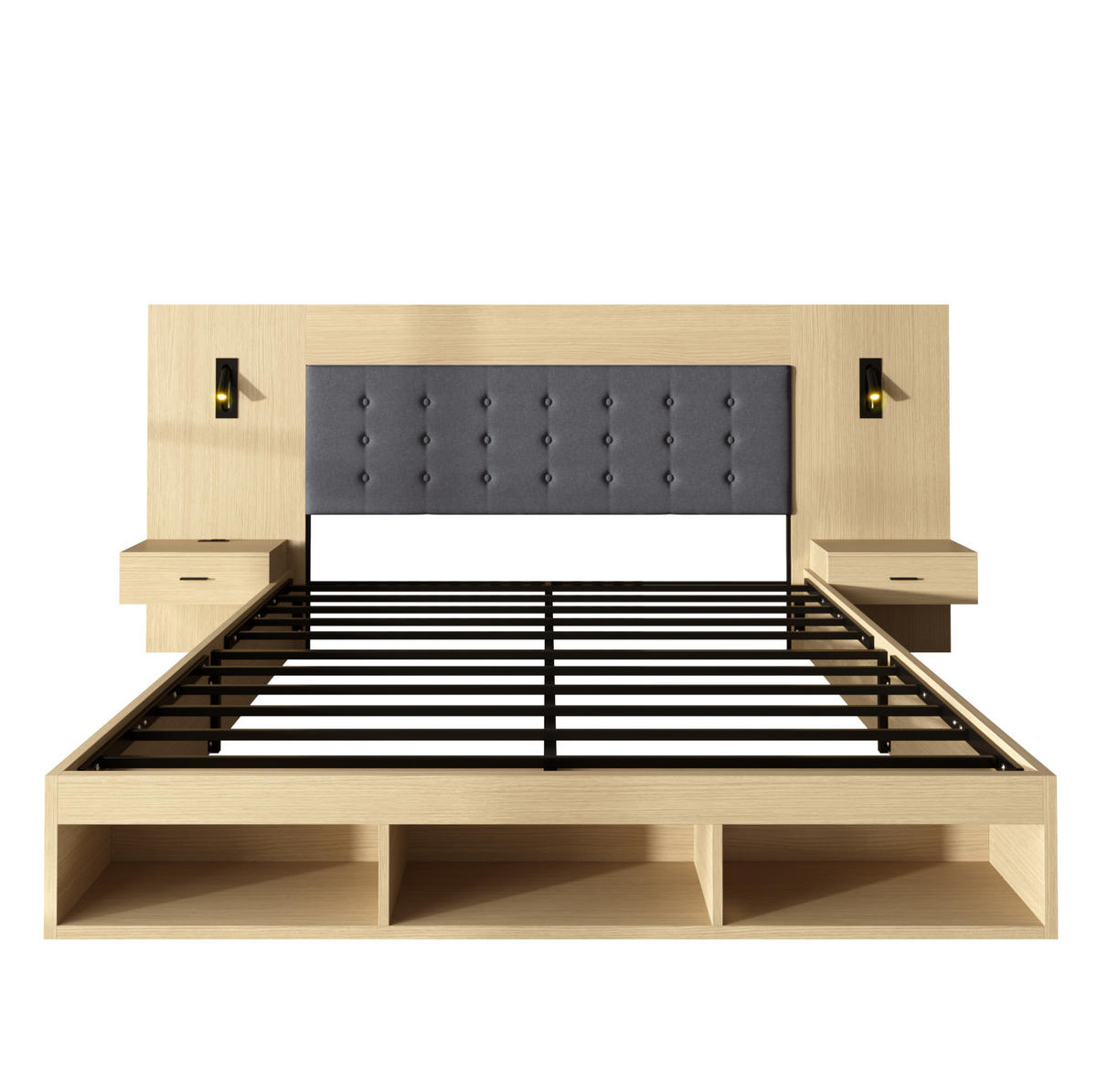 DOPPELBETT 180/200 cm mit USB- & Type-C-Anschluss, drehbaren Leselampen, 2 Nachttischen und Stauraum, MDF, Helle Eiche - Eichefarben, Holzwerkstoff (180/200cm) - Redom