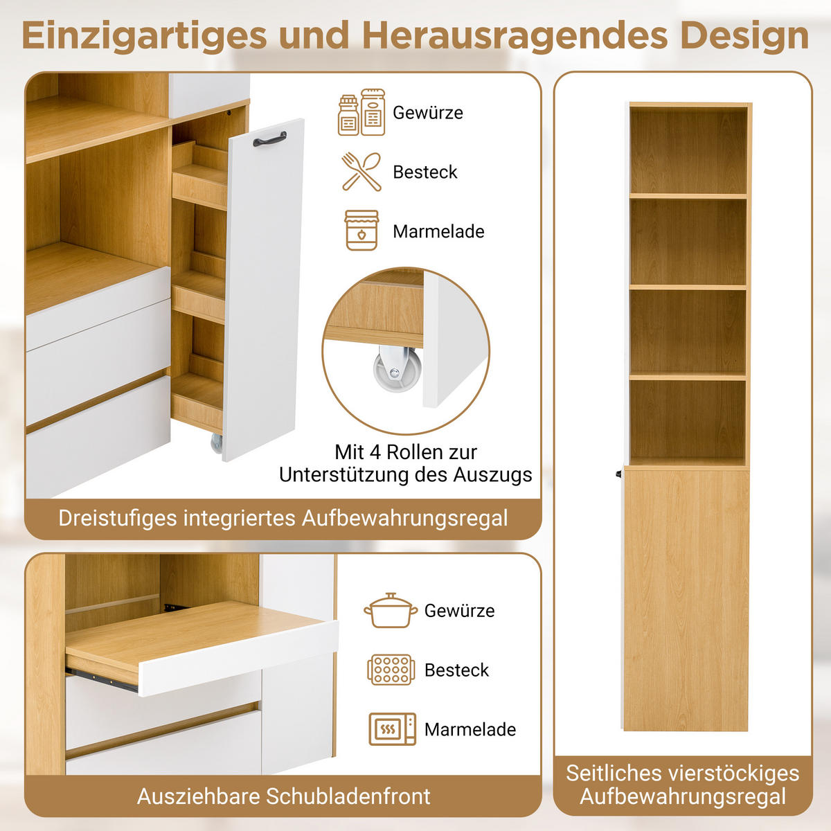 BUFFETSCHRANK Riffelglas Weiß-Naturfarben 100/40/200 cm - Weiß, Holz (100/200/40cm) - PANGIVO