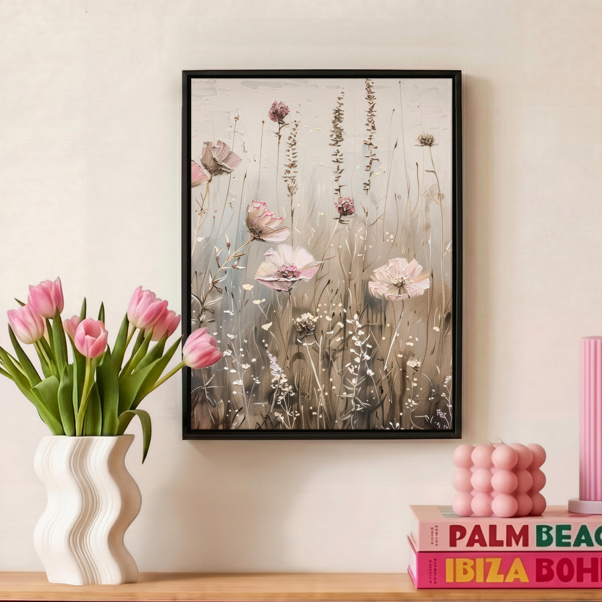 LEINWAND Bilder mit Rahmen - Blumen - Rosa - Modern - Beige - 30x40 - Beige, Textil (30/40cm) - MuchoWow
