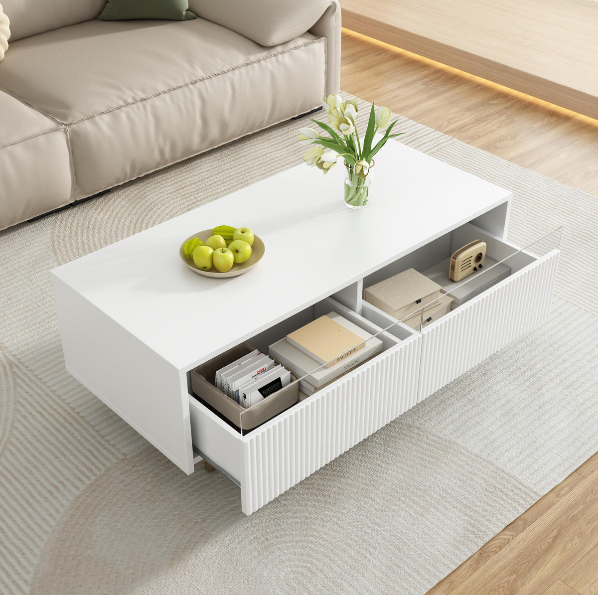 KONFERENČNÍ stolek z MDF 110x50x40 cm bílý se 2 zásuvkami a LED osvětlením, vlnitý design - bílá, kompozitní dřevo (110/50/40cm) - Modfu