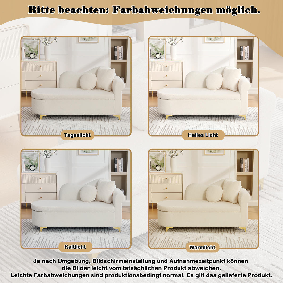 CHAISELONGUE mit Stauraum 134 cm, Teddyplüsch Stoff, modernes Design, ergonomische Rückenlehne, inkl. Lenden- & Nackenkissen - Beige, Textil (64/70/134cm) - Ej. Life