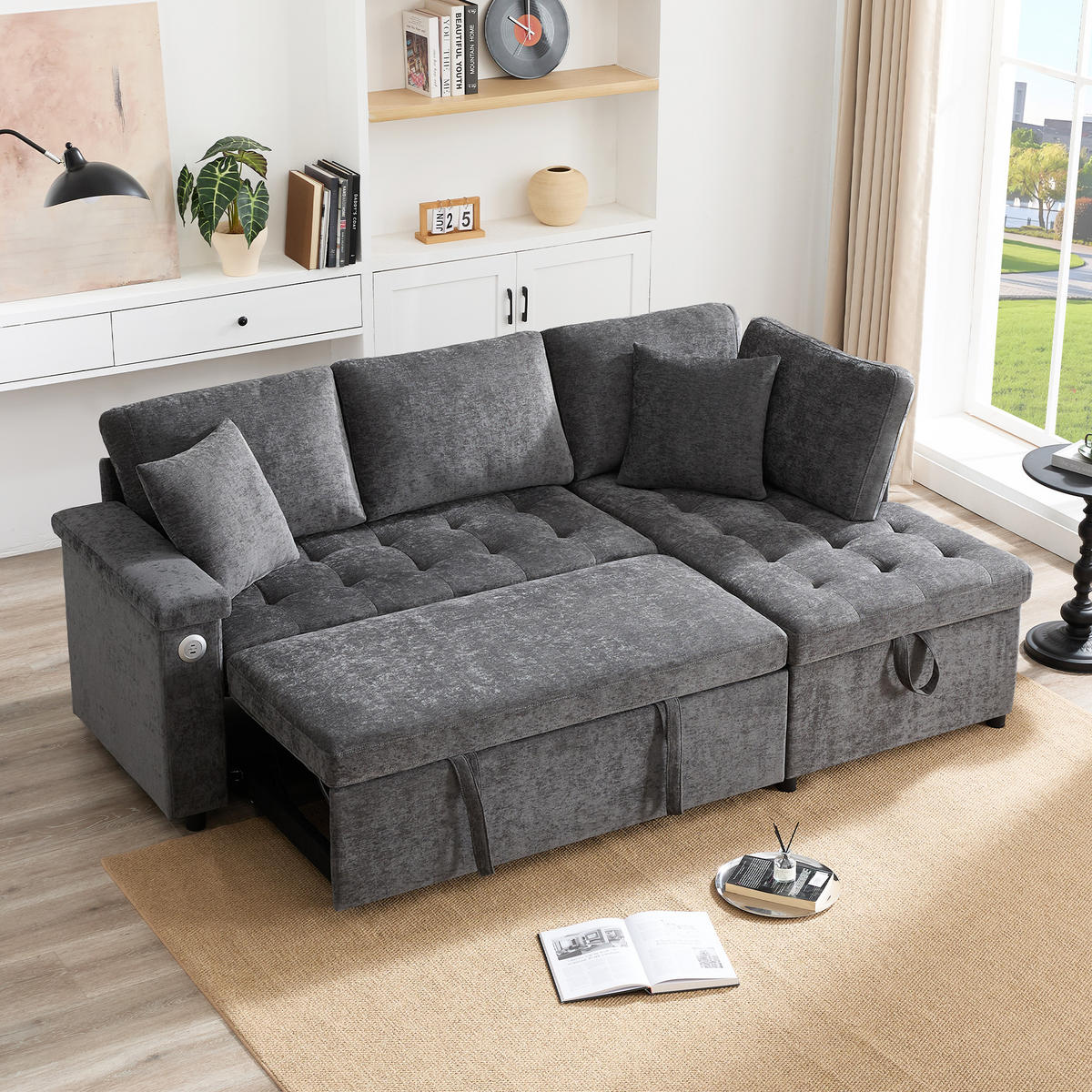 SCHLAFSOFA L-Form mit Stauraum, USB und 2 Kissen, Grau - Dunkelgrau, Textil (209/84/130cm)