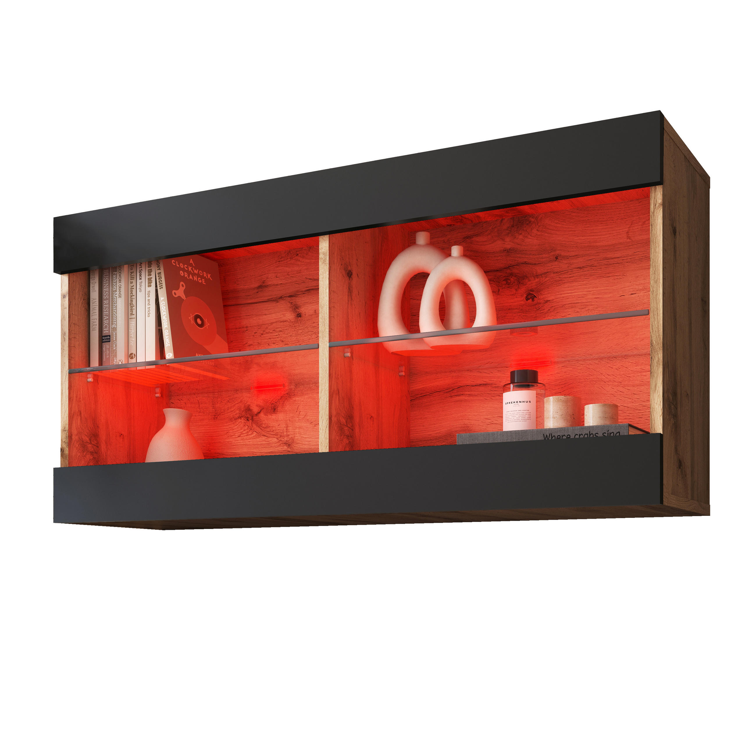 Komodee Hängevitrine Eiche Wotan, Schwarz 100x50x29.5 cm