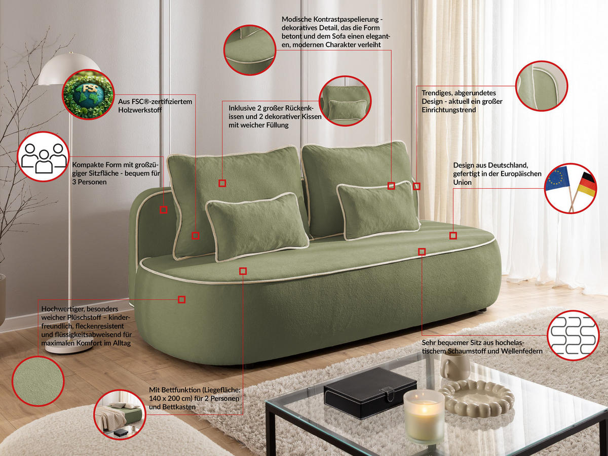 SCHLAFSOFA Vero im modernen und abgerundeten Design mit Bettkasten aus Olivgrün Plüschstoff mit beiger Paspel - Schwarz/Olivgrün, Holz/Kunststoff (210/90/98cm) - S-Style Möbel