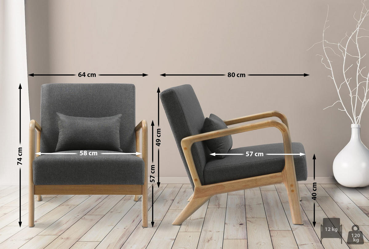 SESSEL Holz dunkelgrau - Eukalyptusholzfarben/Dunkelgrau, Holz/Textil (64/74/80cm) - CLP