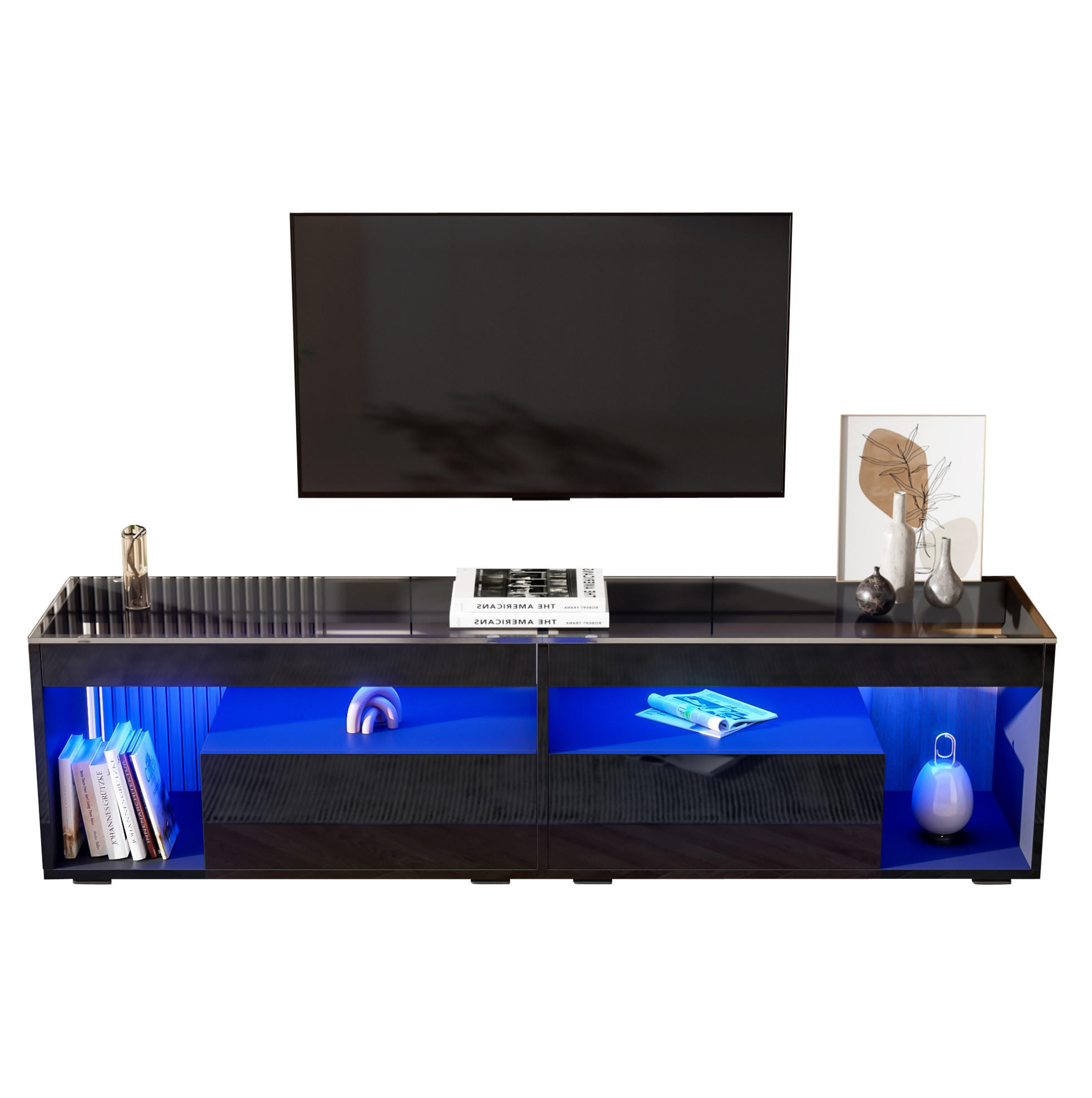 OKWISH TV stolek 180/40/46 cm černý z dřevotřísky a tvrzeného skla s LED podsvícením a 2 zásuvkami