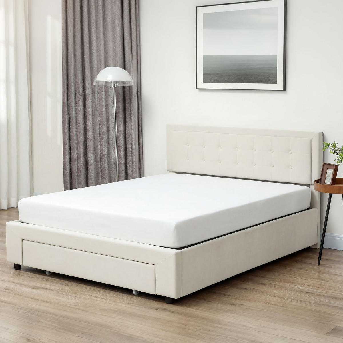 BETT 140x200 cm DE-14662 mit Gasdruckfedern & Schublade Creme - Creme, Holzwerkstoff (140/200cm) - ComfortXL