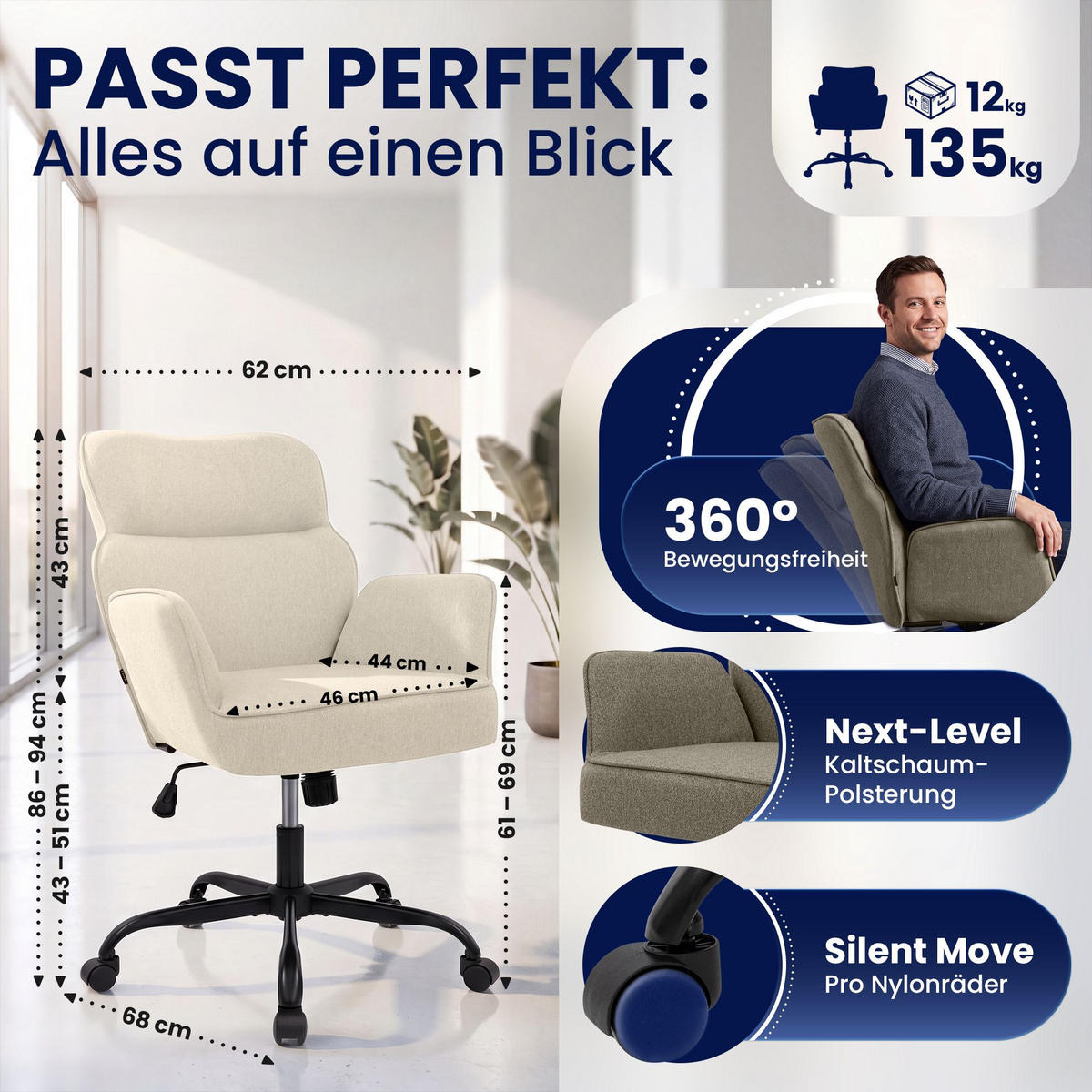 DREHSTUHL Stoff Creme - Creme/Schwarz, Textil (62/86/68cm) - CLP