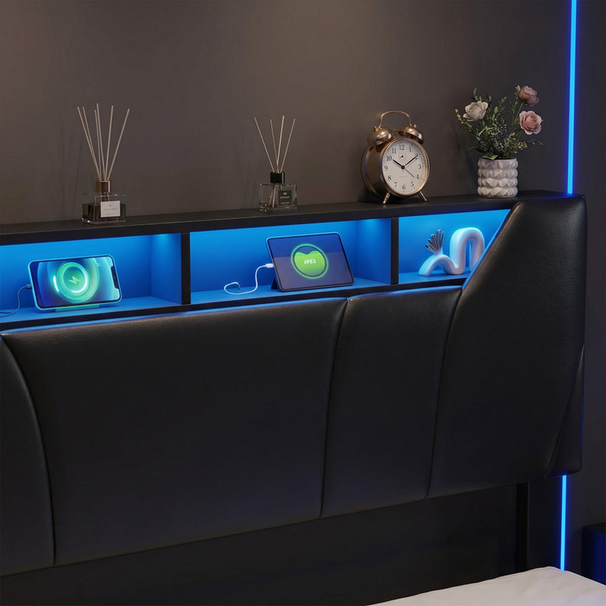 POLSTERBETT 160/200 cm schwarz mit Stauraum, LED und USB - Schwarz, Holz - SHOPENTRA