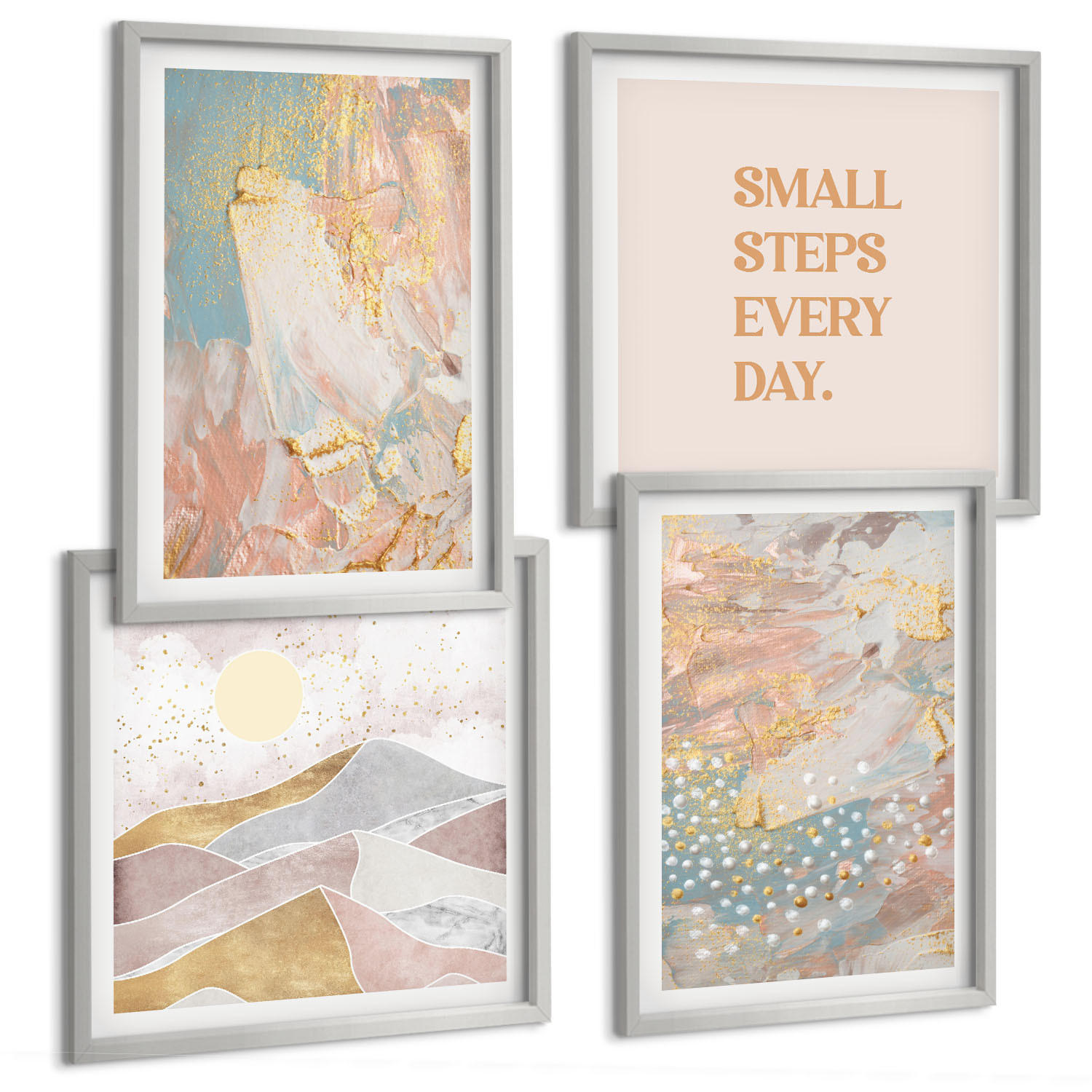 BILDER SET 4er Set - 50x50 cm & 40x60 cm Silberner Rahmen - Abstrakte Pastellmuster - Silberfarben, Kunststoff (50/50cm) - TULUP