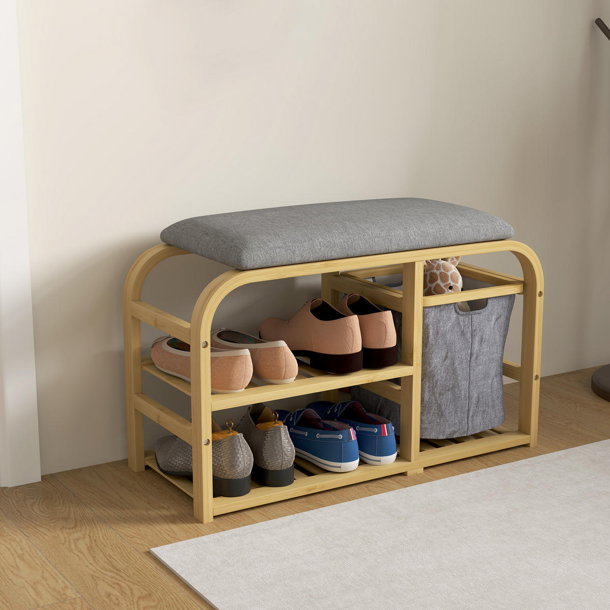 SCHUHBANK Natur mit Sitzkissen und Korb 70/30/45 cm - Naturfarben, Holz (70/45/30cm) - PANGIVO