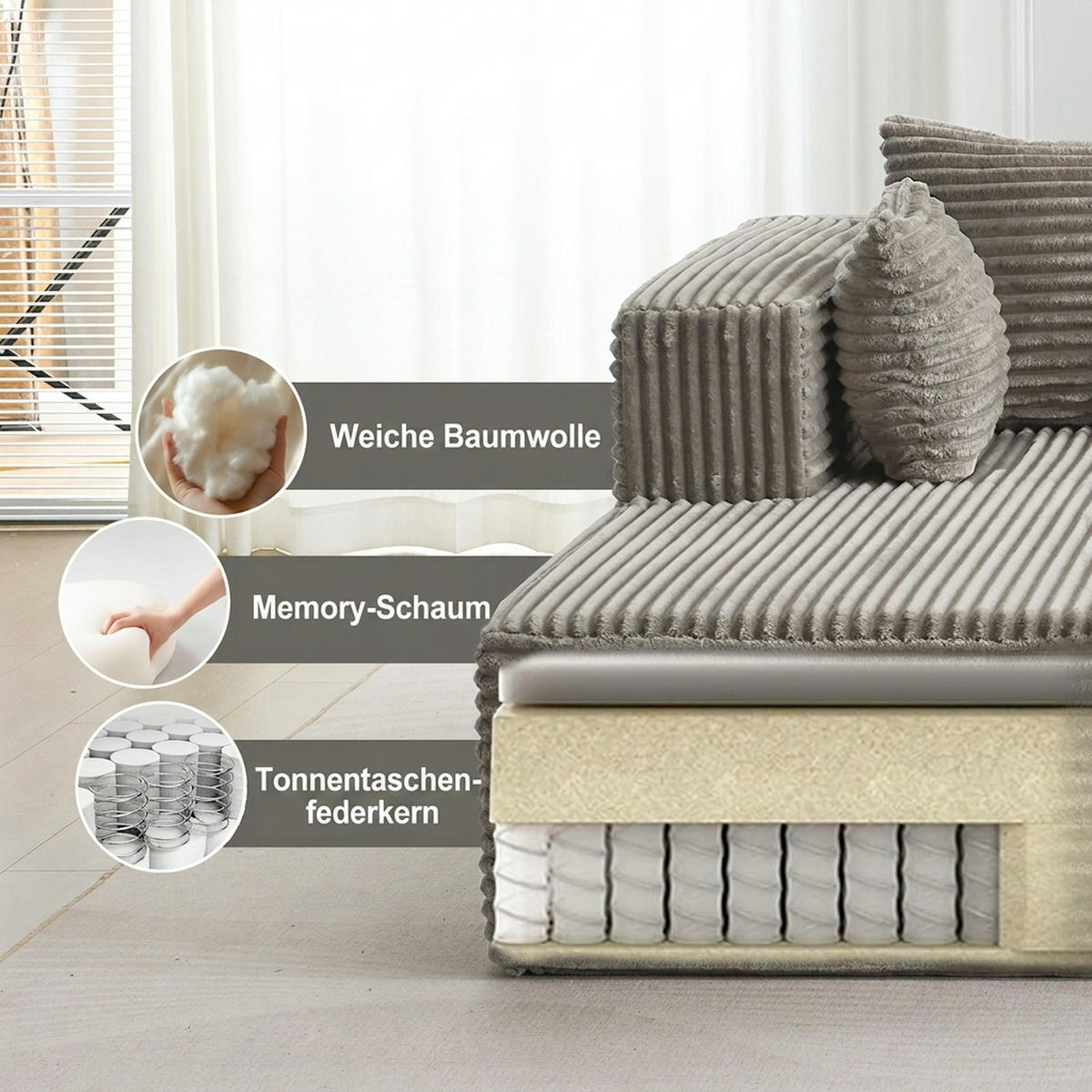 ECKSOFA 279/179/83 cm Grau Cord mit Chaiselongue - Grau, Textil (179/83/279cm) - Oxeza
