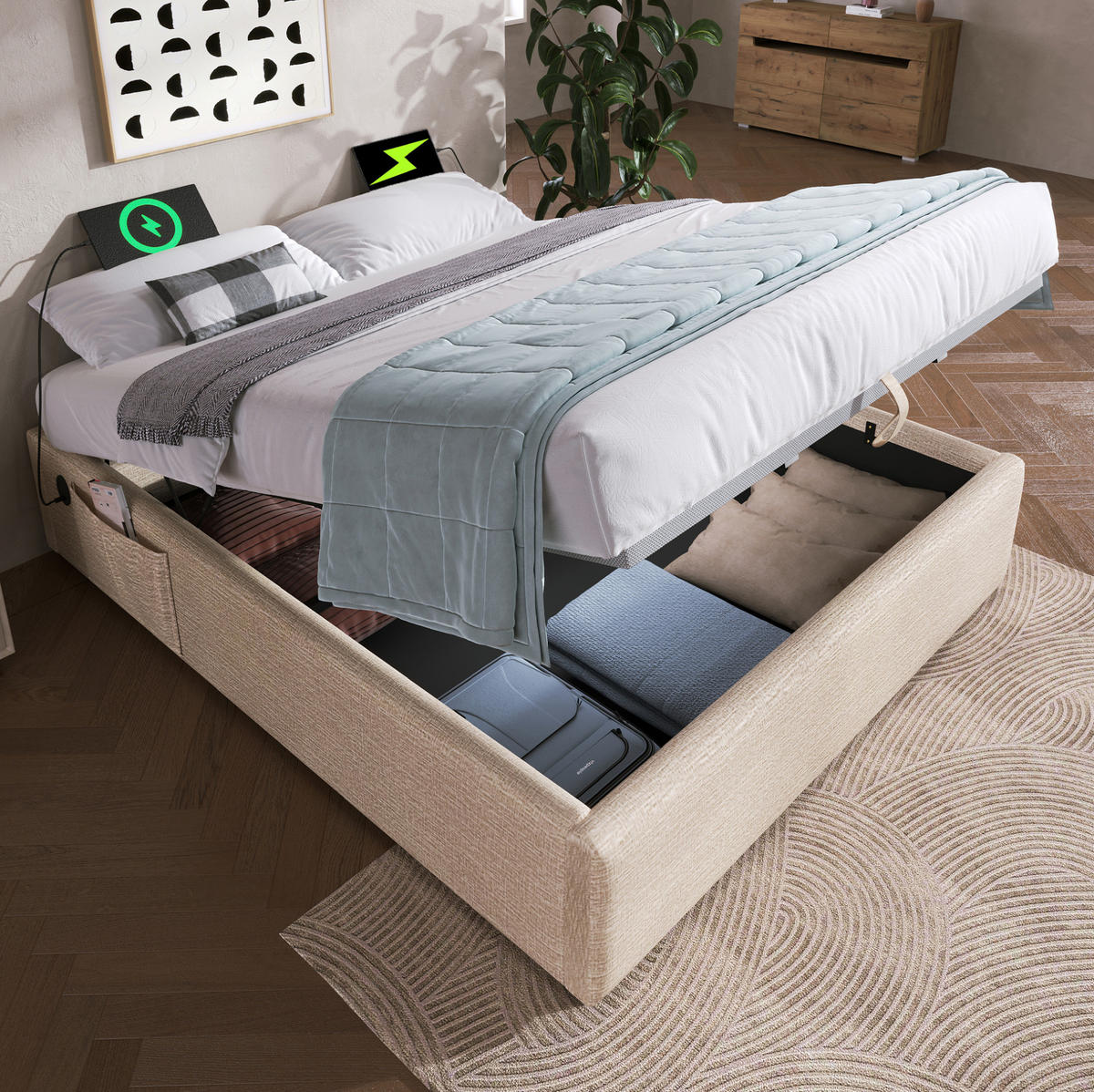 POLSTERBETT mit Stauraum 140x200 cm Leinen Natur mit USB-C - Beige, Metall (140/200cm) - Meubliv