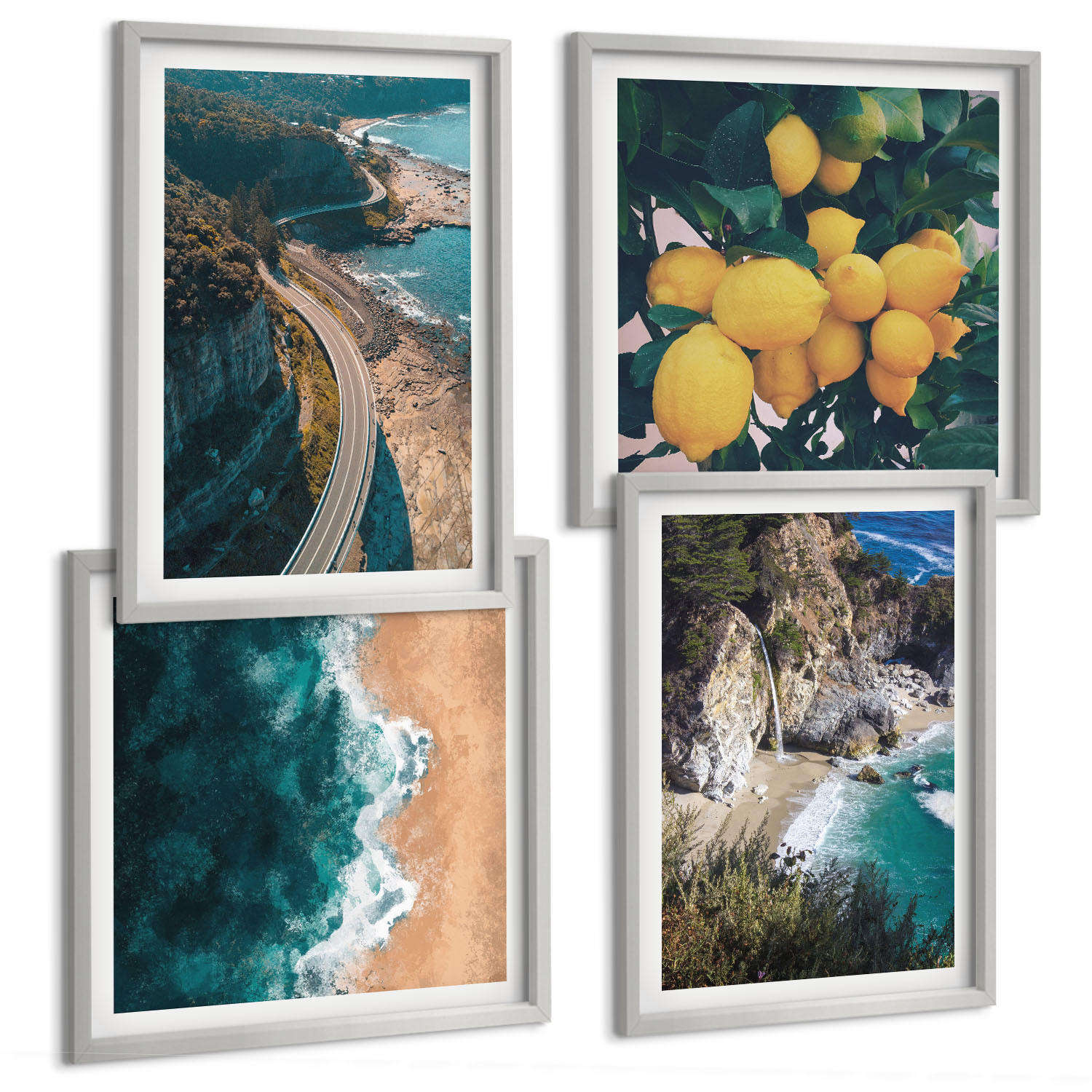BILDER SET 4er Set - 50x50 cm & 40x60 cm Silberner Rahmen - Meerstrand Zitronen Berge - Silberfarben, Kunststoff (50/50cm) - TULUP