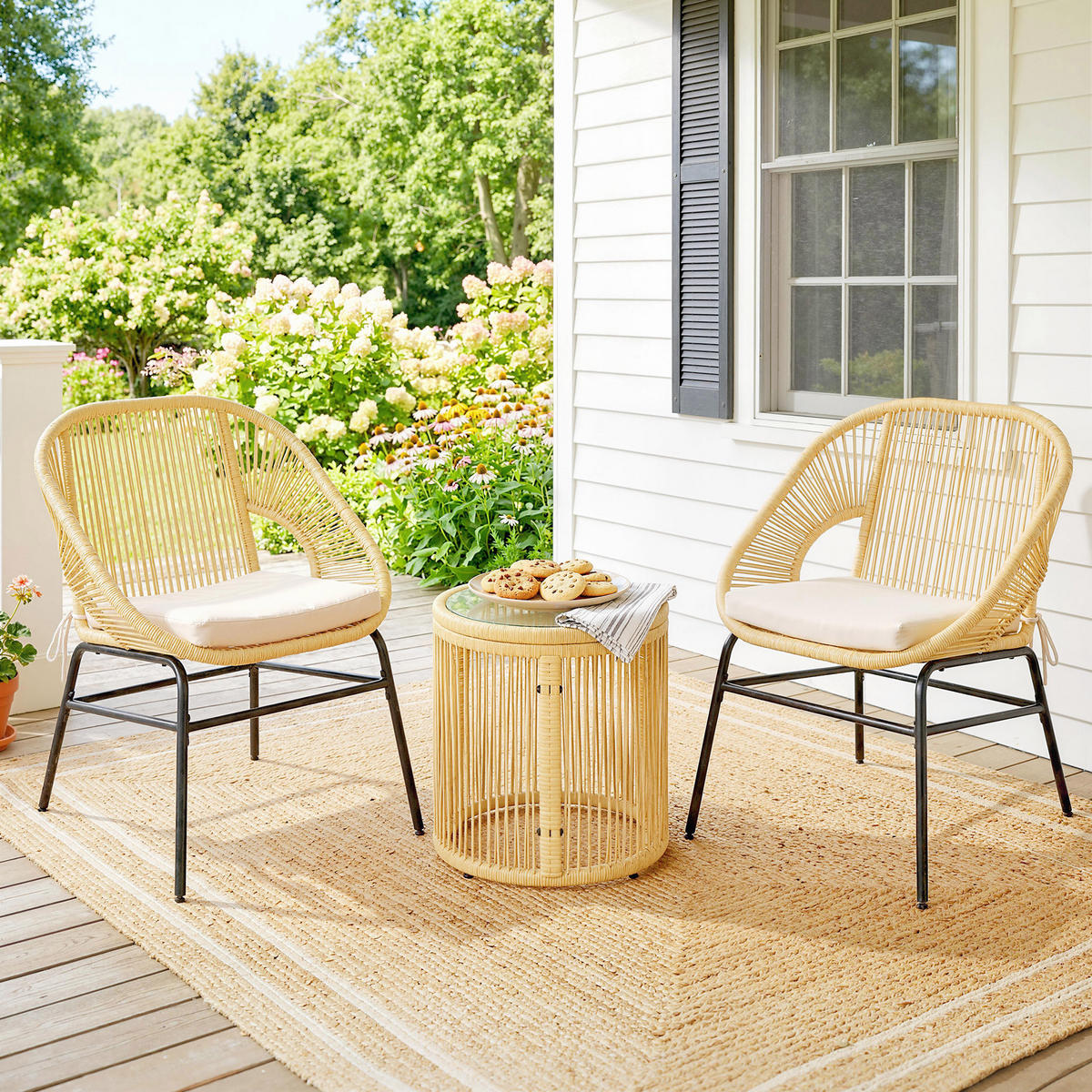 BISTROSET 3-teilig aus Stahl PE-Rattan Beige - Beige/Schwarz, Textil/Metall - Outsunny