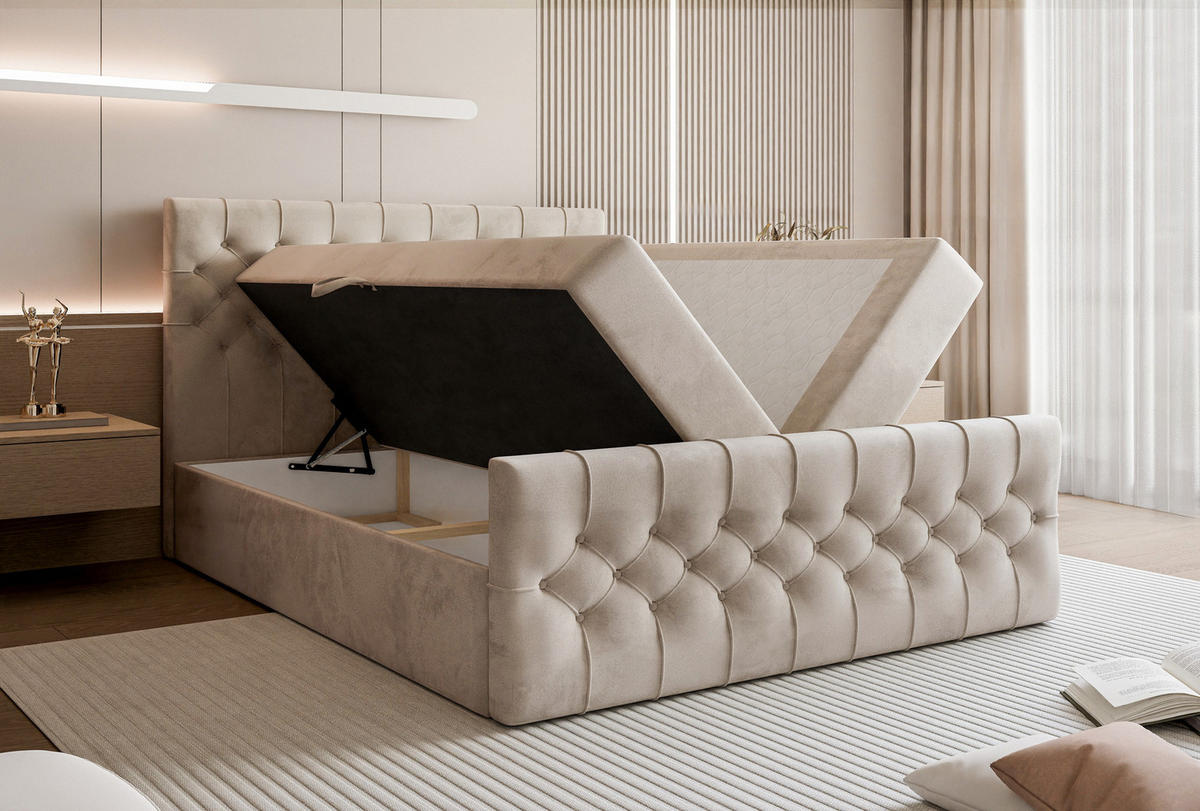 BOXSPRINGBETT Aurora mit Bettkasten, Beige Samt 200x200 cm – inkl. H3 Matratze und Topper - Beige/Schwarz, Holzwerkstoff/Kunststoff (200/200cm) - WFL GROUP