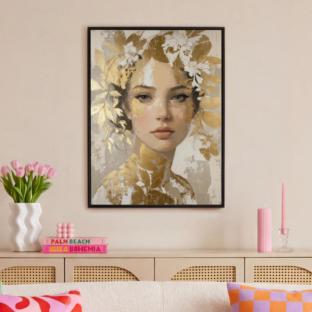 LEINWAND Bilder mit Rahmen - Gesicht - Frau - Blätter - Gold - 70x100 - Beige, Textil (70/100cm) - MuchoWow