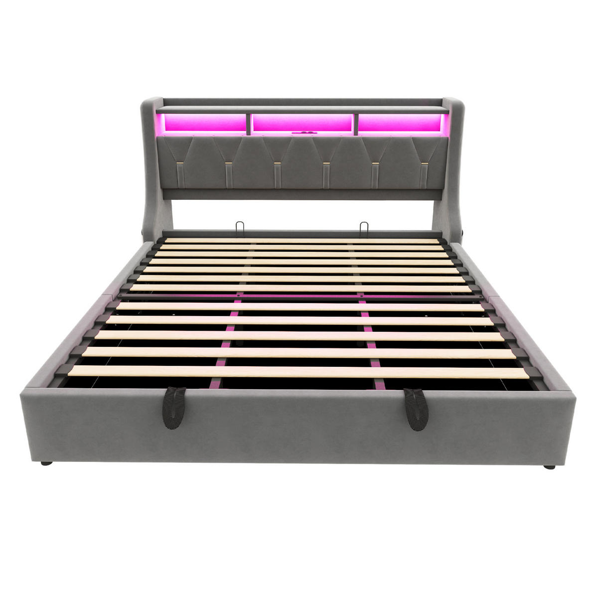 POLSTERBETT 180/200 cm Grau mit Stauraum LED-Beleuchtung und USB- und Type-C-Anschlüssen Samt - Grau, Textil (180/200cm) - OKWISH